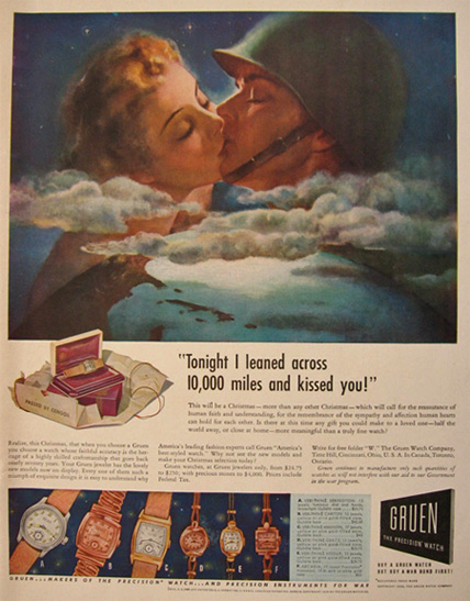 1942 Gruen Watch Ad ~ Woman Kisses Soldier