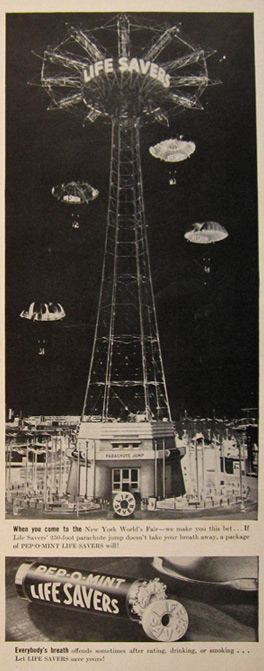 1939 Lifesavers Candy Ad ~ World's Fair Parachute Jump