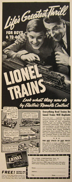 1939 Lionel Trains Ad ~ Life's Greatest Thrill