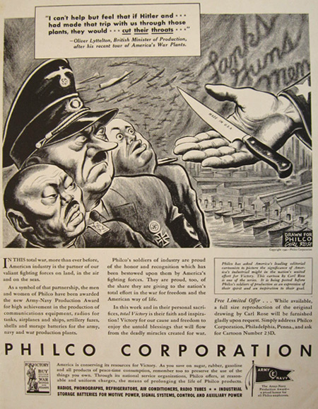 1942 WWII Philco Ad ~ Carl Rose, Hitler