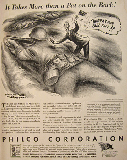 1942 WWII Philco Ad ~ W.H. Crawford ~ Hurray For Our Side!