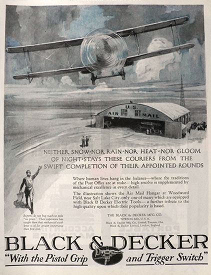 1926 Black & Decker Tools Ad ~ Woodward Field Airmail Hangar, Utah