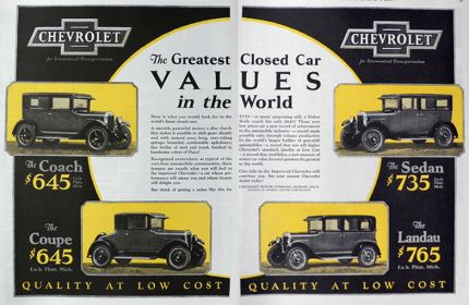 1926 Chevy Closed Cars Ad ~ Coach, Coupe, Landau, Sedan