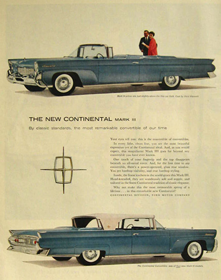 1958 Continental Mark III Convertible Ad ~ Powder Blue