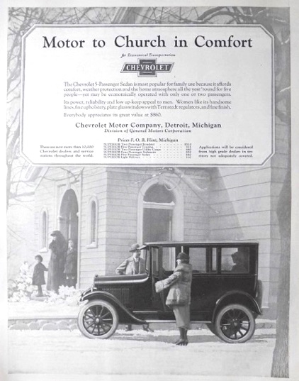 1923 Chevy 5-Passenger Sedan Ad ~ Motor to Church