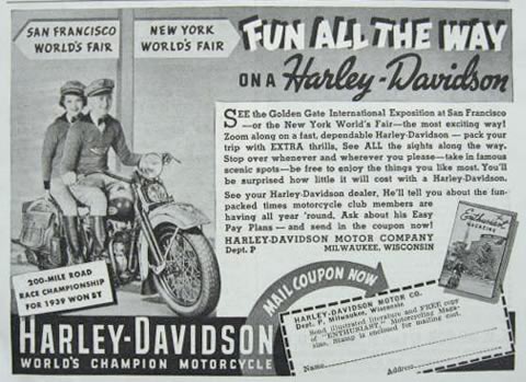 1939 Harley Davidson Ad ~ See the World's Fair