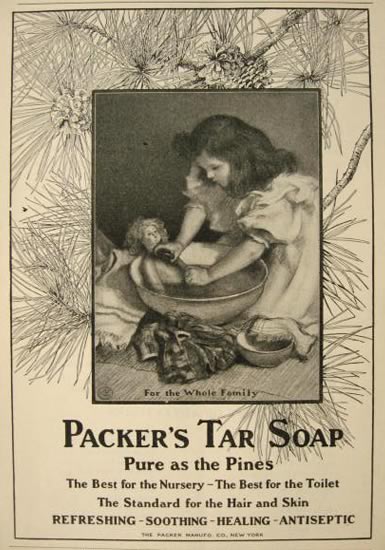 1905 Packer's Tar Soap Ad ~ Girl Bathes Doll