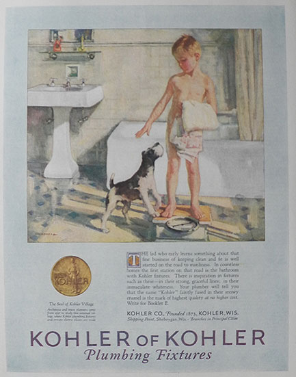 1926 Kohler Plumbing Ad ~ Boy & Dog in Bathroom