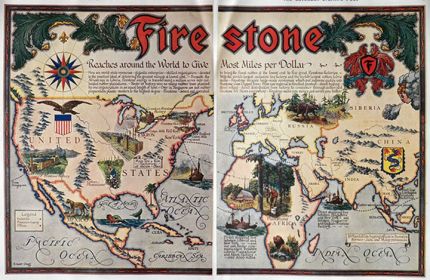 1928 Firestone Tires Ad ~ World Map of Factories ~ Ernest Clegg