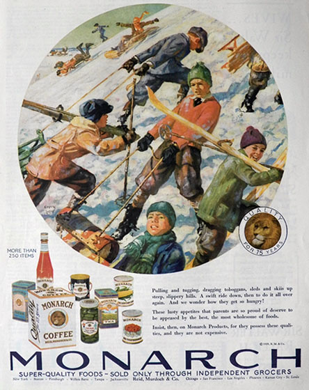 1929 Monarch Food Ad ~ Eugene Iverd Boys Sledding