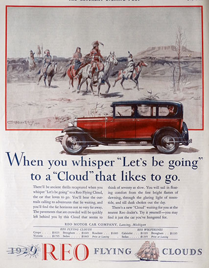 1929 Reo Flying Cloud Car Ad ~ Charles Russell Indians