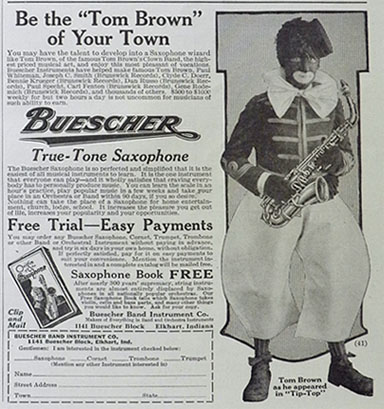 1923 Buescher Saxophone Ad ~ Tom Brown in Blackface