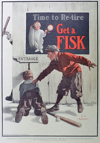 1926 Fisk Tires Ad ~ Kid Peeks at Game Through Knothole