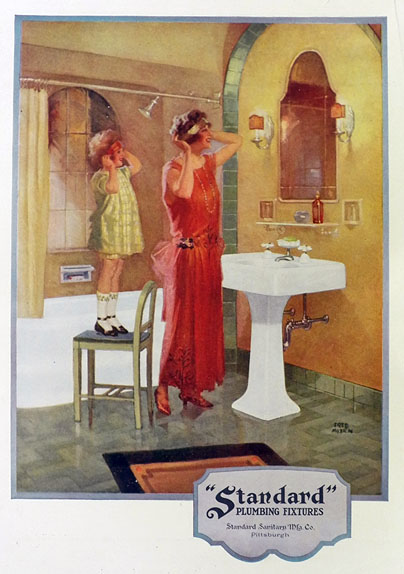 1924 Standard Plumbing Ad ~ Flapper Woman & Flapper Child ~ Fred Mizen