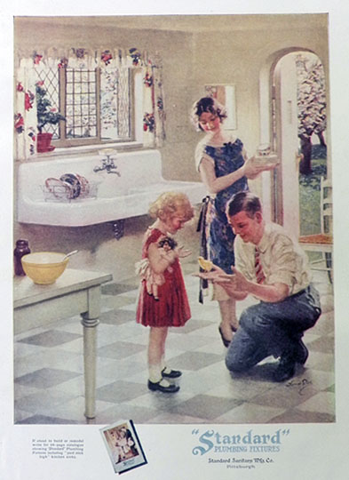 1925 Standard Plumbing Ad ~ Dad Holds Baby Chick