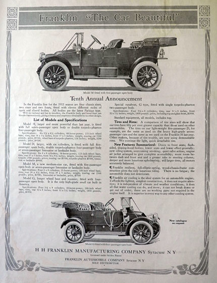 1911 Franklin Car Automobile Ad ~ Model M & Model G