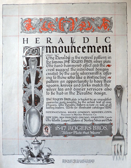 1916 Rogers Bros Silverplate Ad ~ Newest Pattern ~ Heraldic