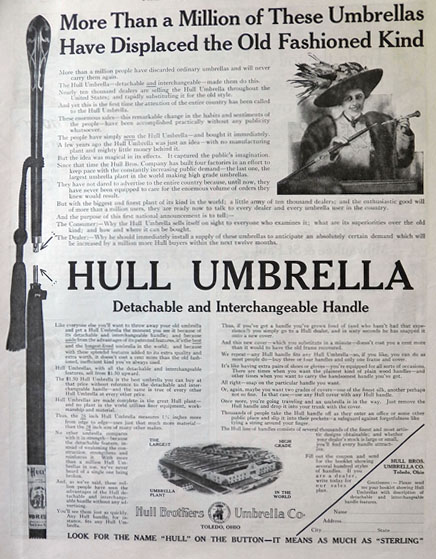1909 Antique Hull Umbrella Ad ~ Detachable Handle
