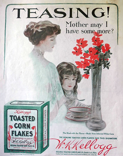 1910 Kellogg's Corn Flakes Ad ~ Mother May I Have Some More?