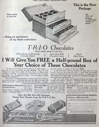 1909 Johnston's Chocolates Ad ~ Trio Box