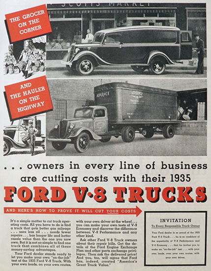 1935 Ford V-8 Trucks Ad With Photos ~ Grocery Truck & Hauler