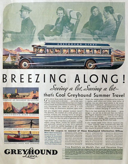 1933 Greyhound Bus Lines Ad ~ Breezing Along