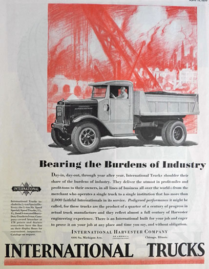 1930 Internation Trucks Ad ~ Bearing the Burdens
