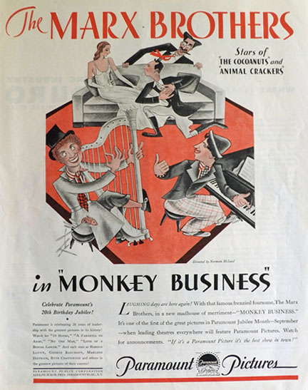 1931 Movie Ad ~ Marx Brothers Monkey Business