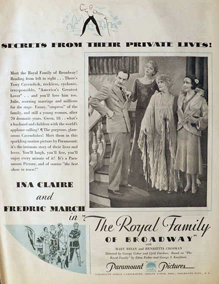 1931 "The Royal Family of Broadway" Movie Ad ~ Ina Claire, Fredric March