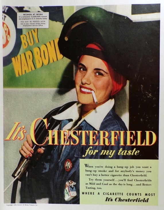 1943 Chesterfield Cigarettes Ad ~ Woman Female Welder