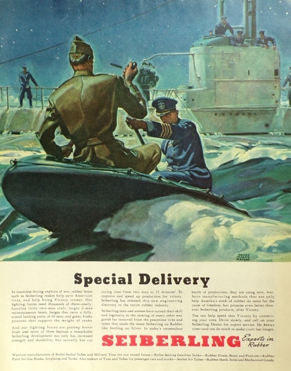 1943 WWII Seiberling Tires Ad ~ Special Delivery ~ Rubber Boats