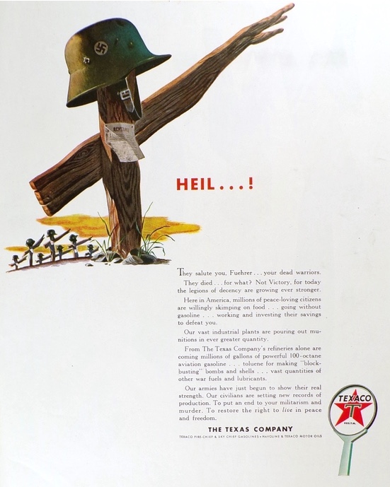 1943 WWII Texaco Gas & Oil Ad ~ Nazi Helmet ~ Heil . . .!