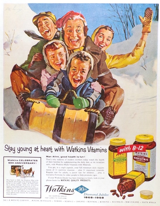 1958 Watkins Vitamins Ad ~ Family Goes Sledding