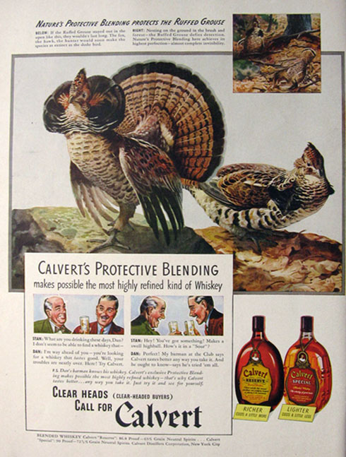 1941 Calvert Whiskey Ad ~ Ruffed Grouse