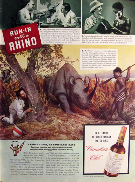 1941 Canadian Club Whiskey Ad ~ Run-In With a Rhino