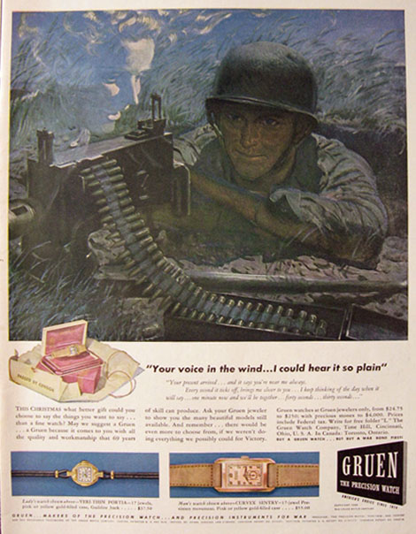 1943 WWII Gruen Watch Ad ~ Soldier's Gift
