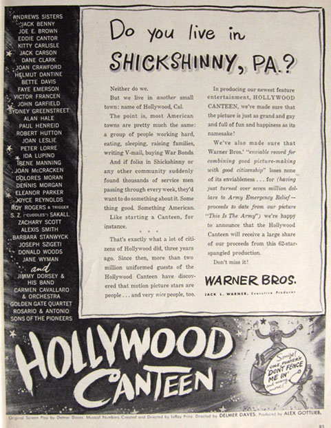 1945 Movie Ad ~ Hollywood Canteen ~ Shickshinny, PA