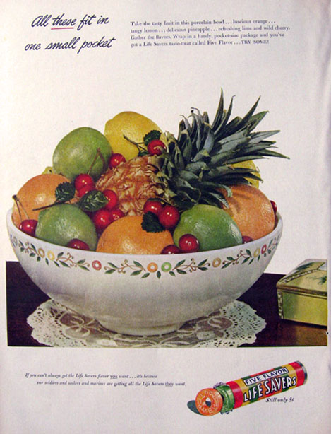 1943 Lifesavers Candy Ad ~ Bowl of Fruit