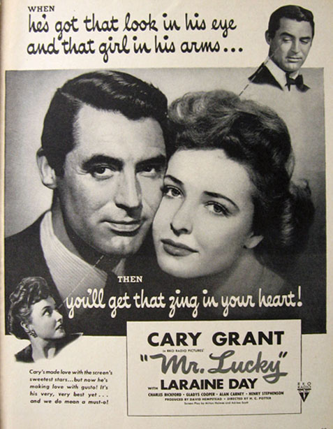 1943 Movie Ad ~ Mr. Lucky ~ Cary Grant