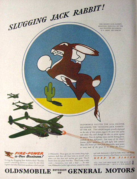 1943 Oldsmobile Army Air Force Ad ~ 96th Squadron, Slugging Jack Rabbits