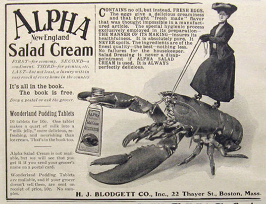 1903 Alpha New England Salad Dressing Ad ~ Lady Rides Huge Lobster