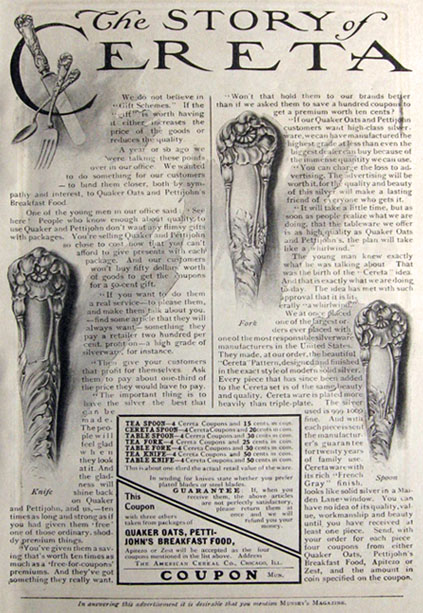 1903 Quaker Oats/Pettijohn Ad ~ Cereta Silverware
