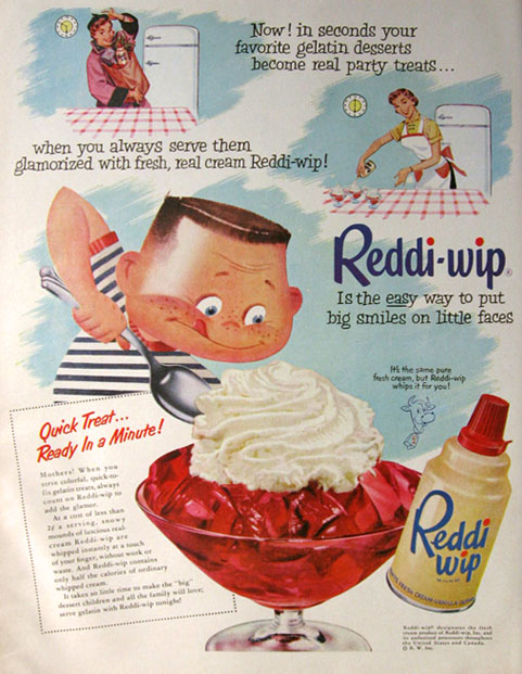 1953 Reddi-Wip Whipped Cream Ad ~ Gelatin Desserts