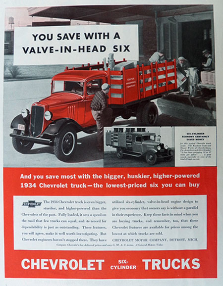 1934 Chevy Truck Ad ~ Valve-in-Head Six