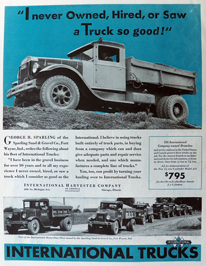1932 International Harvester Truck Ad ~ Sparling Sand & Gravel, Ft. Wayne, IN