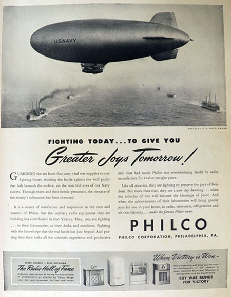 1944 Philco Military Radio Ad ~ Navy Airship Blimp