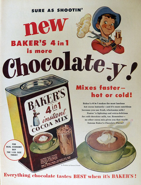 1952 Baker's Instant Cocoa Mix Ad ~ 4 in 1