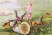 J&P Coats Spool Cotton ~ Victorian Trade Card ~ Dog Chases Bird
