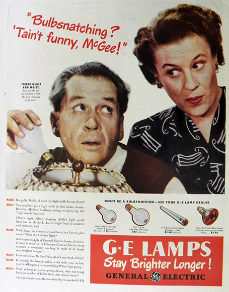 1947 G.E. Light Bulbs Ad ~ Fibber McGee & Molly