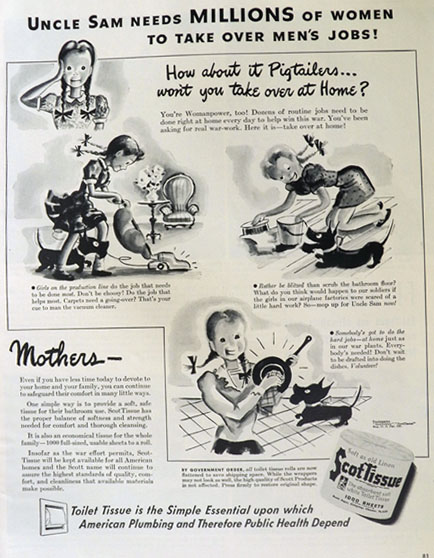 1943 Scottisue Toilet Paper Ad ~ Pigtailers At Home